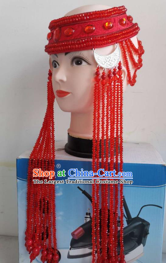 Handmade Chinese Mongol Nationality Dance Headband Mongolian Ethnic Wedding Bride Red Beads Tassel Hat