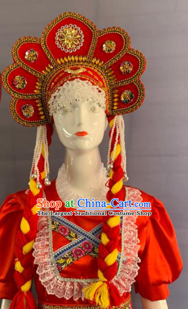 Handmade Russian Minority Performance Headwear Folk Dance Headdress Russia Woman Red Hat
