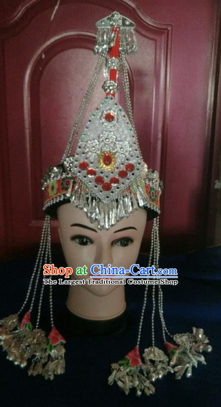 Handmade China Folk Dance Headdress Guangdong Ethnic Wedding Red Hat She Minority Performance Tassel Headwear