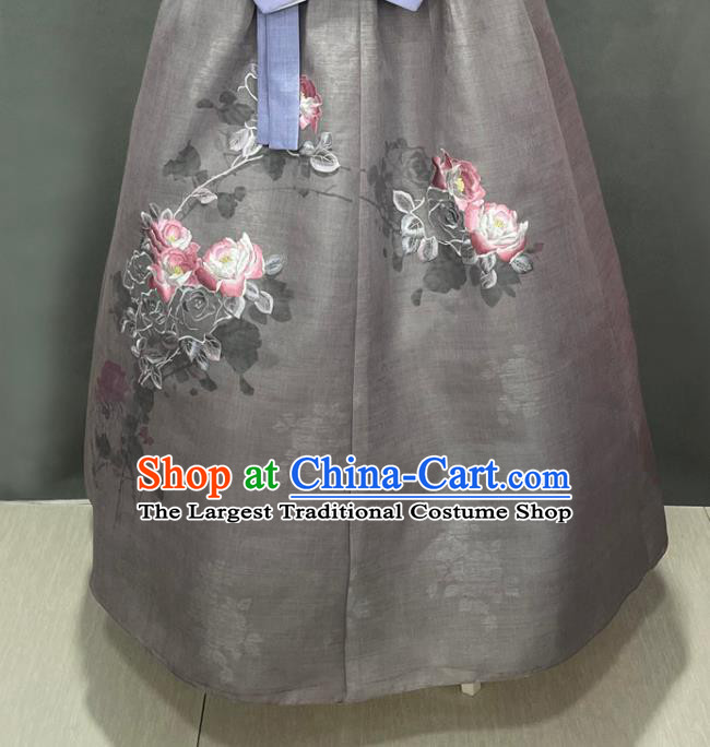 Korean Traditional Dance Hanbok Clothing Classical Wedding Garment Costumes Bride Fashion Embroidered Pink Blouse and Grey Dress