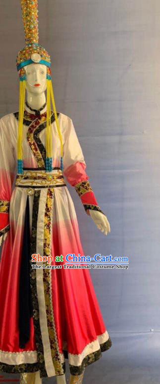Chinese Mongol Nationality Wedding Clothing Minority Female Rosy Dress Uniforms Mongolian Ethnic Bride Garment Costumes and Hat