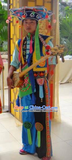 China Bai Ethnic Bridegroom Garment Costumes Traditional Bai Nationality Male Blue Outfits Clothing and Headdress