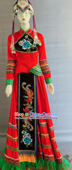 Chinese She Nationality Bride Clothing Minority Wedding Red Dress Uniforms Fujian Ethnic Dance Garment Costumes and Headpiece