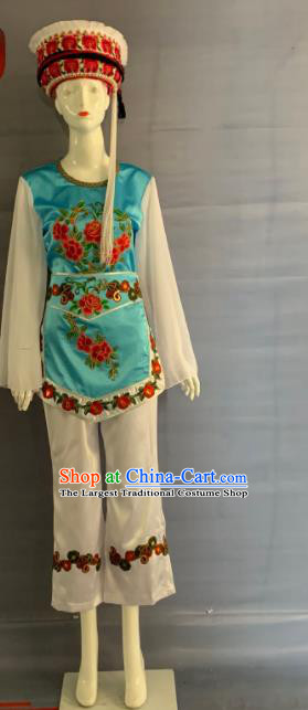 Chinese Dali Bai Nationality Dance Clothing Minority Woman Blue Uniforms Yunnan Ethnic Performance Garment Costumes and Hat