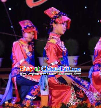 Chinese Qiang Nationality Stage Performance Clothing Minority Folk Dance Red Dress Uniforms Sichuan Ethnic Festival Garment Costumes and Headdress