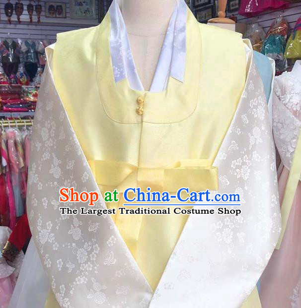 Korean Wedding Hanbok Young Man Yellow Vest White Silk Shirt and Purple Pants Traditional Bridegroom Costumes Korea Festival Clothing