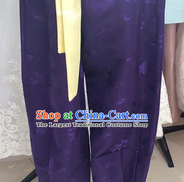 Korean Wedding Hanbok Young Man Yellow Vest White Silk Shirt and Purple Pants Traditional Bridegroom Costumes Korea Festival Clothing