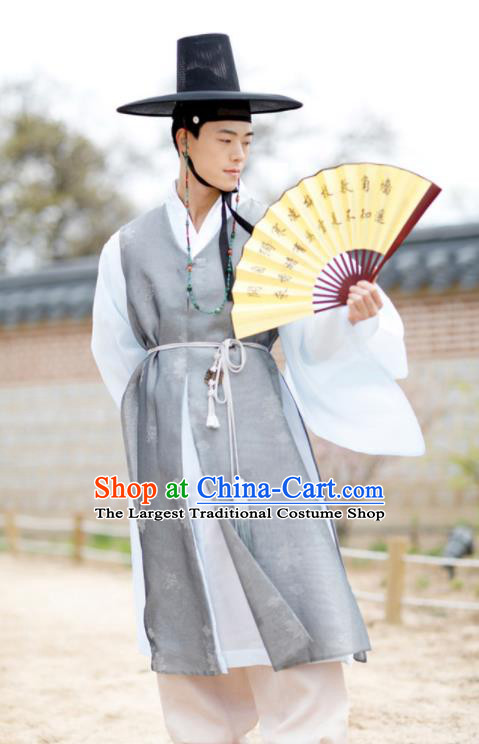 Korea Festival Clothing Korean Wedding Hanbok Prince Grey Long Vest Blue Shirt and Beige Pants Traditional Bridegroom Costumes