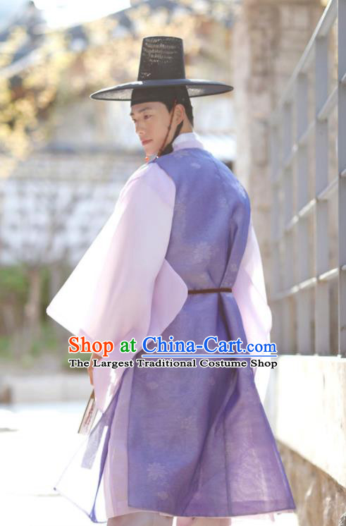 Korea Traditional Bridegroom Costumes Festival Clothing Korean Wedding Hanbok Prince Purple Long Vest Pink Shirt and Khaki Pants