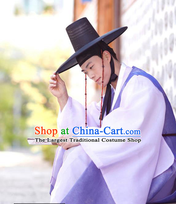 Korea Traditional Bridegroom Costumes Festival Clothing Korean Wedding Hanbok Prince Purple Long Vest Pink Shirt and Khaki Pants