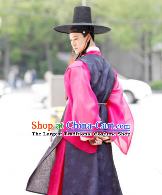 Korea Prince Navy Long Vest Rosy Shirt and Pants Traditional Bridegroom Costumes Festival Clothing Korean Wedding Hanbok