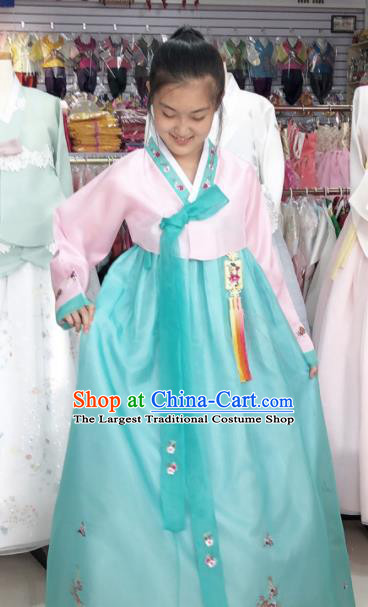 Korean Wedding Pink Blouse and Blue Dress Traditional Hanbok Costume Bride Garments Court Fashion Clothing