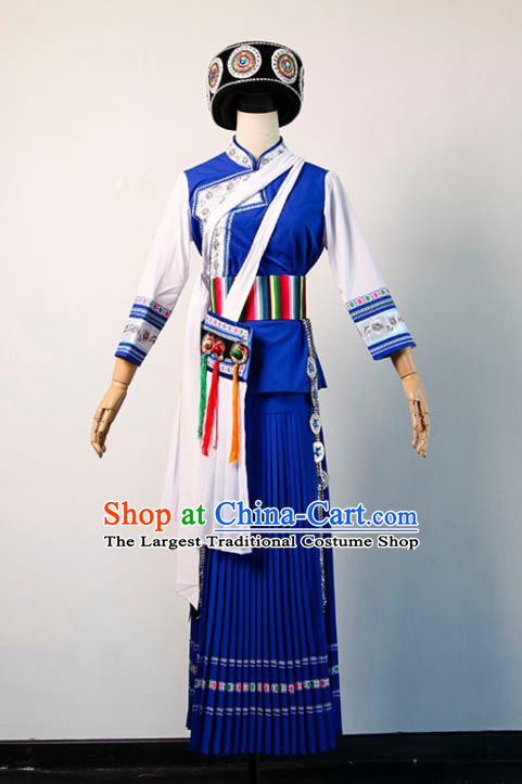 Chinese Minority Stage Performance Clothing Bai Nationality Female Blue Dress Yunnan Ethnic Folk Dance Garment Costumes