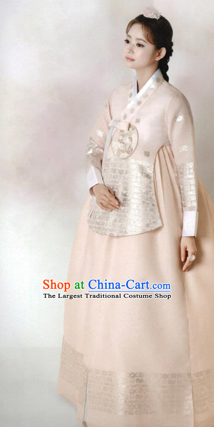 Korean Classical Fashion Clothing Bride Embroidered Beige Blouse and Dress Traditional Court Hanbok Costume Wedding Garments
