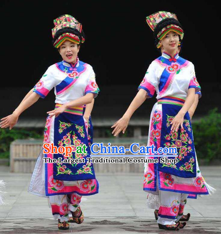Chinese Qiang Nationality Performance Clothing Minority Folk Dance Dress Uniforms Sichuan Ethnic Festival Garment Costumes and Headwear