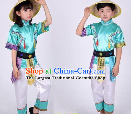 China Ethnic Garment Costumes Maonan Nationality Children Folk Dance Uniforms and Bamboo Hat