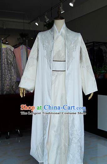 Chinese Song Dynasty Young Childe Apparels Ancient Swordsman White Hanfu Clothing Drama The Water Margin Cosplay Garment Costume