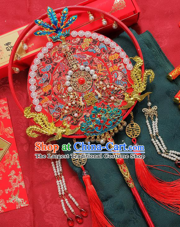 China Classical Dance Circular Fan Handmade Red Silk Fan Traditional Wedding Fan Bride Cloisonne Phoenix Palace Fan