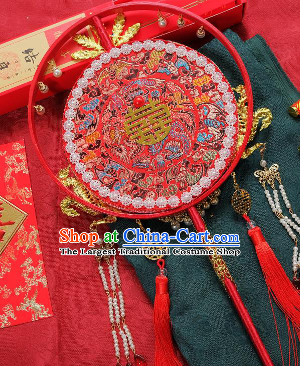 China Classical Dance Circular Fan Handmade Red Silk Fan Traditional Wedding Fan Bride Cloisonne Phoenix Palace Fan