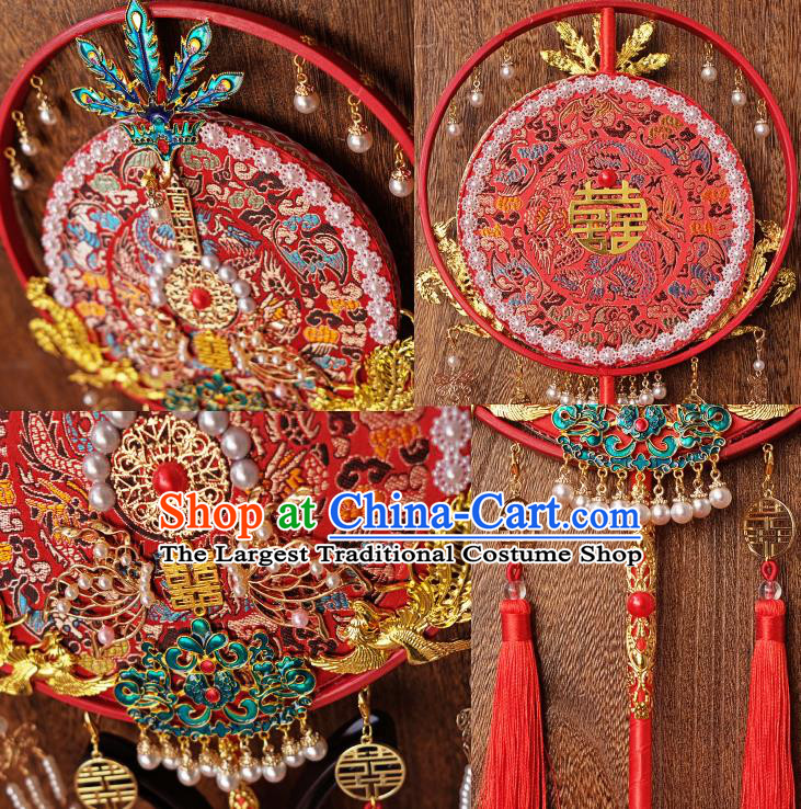 China Classical Dance Circular Fan Handmade Red Silk Fan Traditional Wedding Fan Bride Cloisonne Phoenix Palace Fan