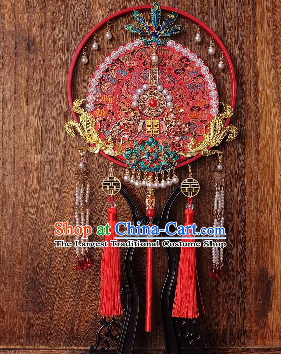 China Classical Dance Circular Fan Handmade Red Silk Fan Traditional Wedding Fan Bride Cloisonne Phoenix Palace Fan