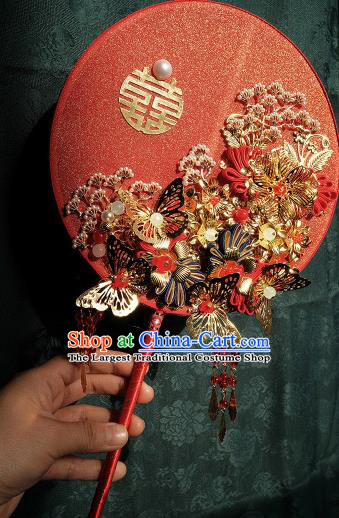 China Traditional Wedding Red Fan Bride Tassel Palace Fan Classical Dance Circular Fan Handmade Golden Butterfly Silk Fan