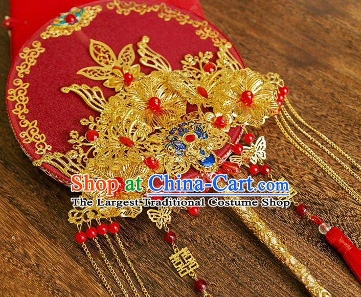 China Classical Dance Golden Tassel Fan Handmade Silk Circular Fan Traditional Wedding Red Fan Bride Palace Fan