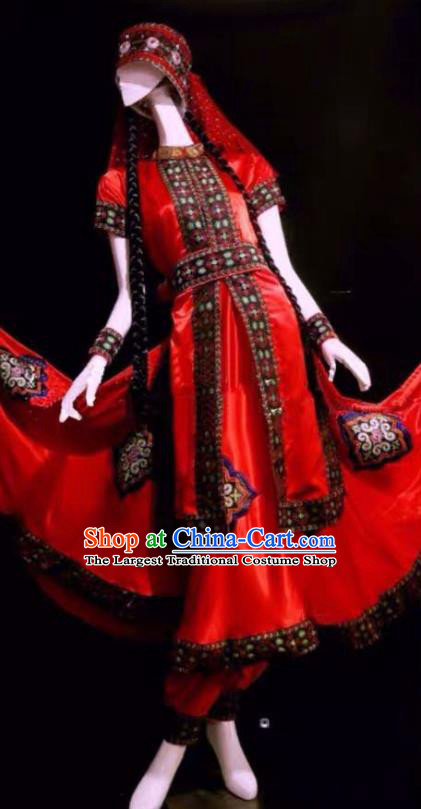 Chinese Tajik Nationality Performance Clothing Tayikos Minority Folk Dance Red Dress Uniforms Xinjiang Ethnic Woman Garment Costumes and Hat