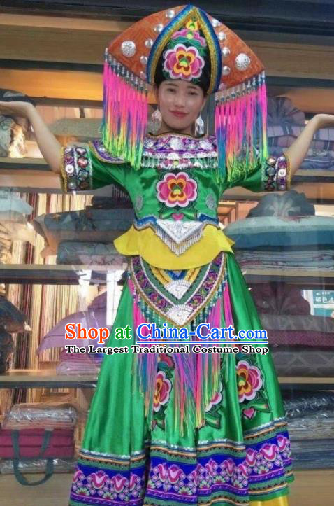 Chinese Zhuang Nationality Bride Clothing Minority Woman Wedding Green Dress Uniforms Guangxi Ethnic Dance Garment Costumes and Headdress
