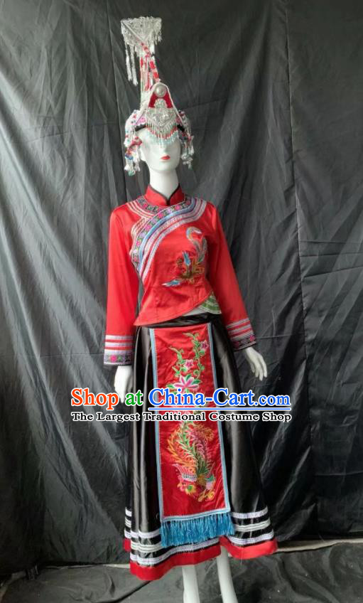 Chinese She Nationality Bride Clothing Minority Woman Wedding Red Dress Uniforms Guangdong Ethnic Garment Costumes and Hair Accessories
