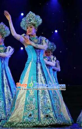 Chinese Eluosi Nationality Performance Clothing Russian Minority Woman Blue Dress Uniforms Xinjiang Ethnic Dance Garment Costumes and Headpieces