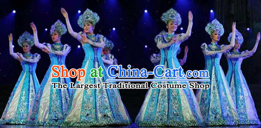 Chinese Eluosi Nationality Performance Clothing Russian Minority Woman Blue Dress Uniforms Xinjiang Ethnic Dance Garment Costumes and Headpieces