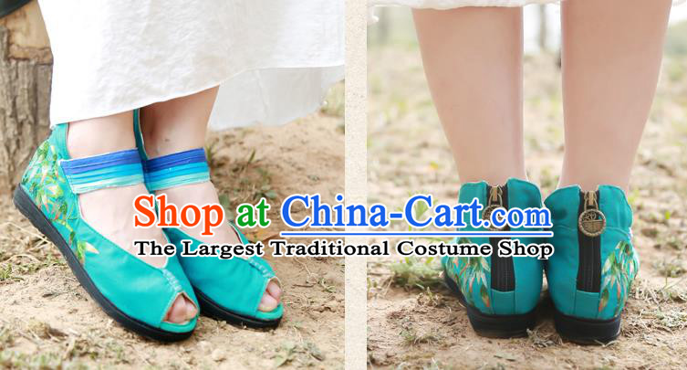 Handmade China Green Canvas Shoes National Folk Dance Sandal Shoes Embroidered Bamboo Plimsolls Shoes