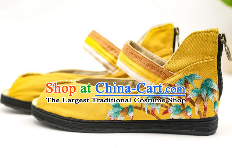 China Embroidered Bamboo Plimsolls Shoes Handmade Yellow Canvas Shoes National Folk Dance Sandal Shoes