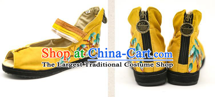 China Embroidered Bamboo Plimsolls Shoes Handmade Yellow Canvas Shoes National Folk Dance Sandal Shoes