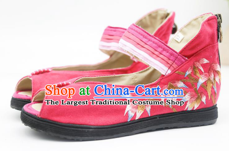 China National Folk Dance Sandal Shoes Embroidered Bamboo Plimsolls Shoes Handmade Rosy Canvas Shoes