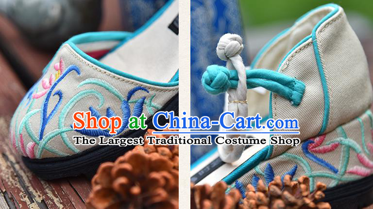 China National Folk Dance Shoes Embroidered Orchids White Canvas Shoes Handmade Old Beijing Cloth Shoes Woman Sandals