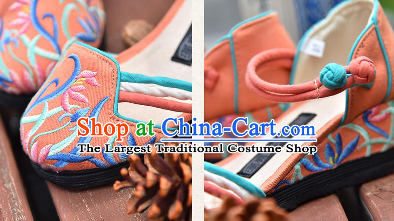 China Woman Sandals National Folk Dance Shoes Embroidered Orchids Orange Canvas Shoes Handmade Old Beijing Cloth Shoes