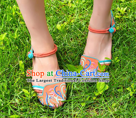 China Woman Sandals National Folk Dance Shoes Embroidered Orchids Orange Canvas Shoes Handmade Old Beijing Cloth Shoes