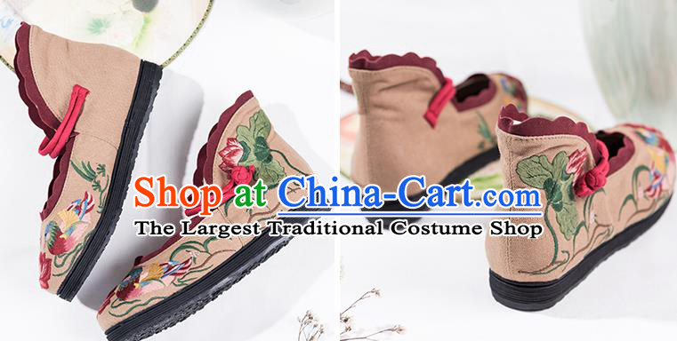 China National Female Shoes Embroidered Mandarin Duck Lotus Shoes Handmade Old Beijing Cloth Shoes Folk Dance Beige Canvas Shoes