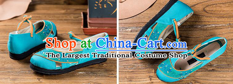 China National Female Shoes Embroidered Blue Canvas Shoes Handmade Old Beijing Cloth Shoes Folk Dance Sandals