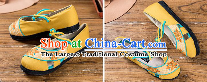 China Folk Dance Sandals National Female Shoes Embroidered Yellow Canvas Shoes Handmade Old Beijing Cloth Shoes