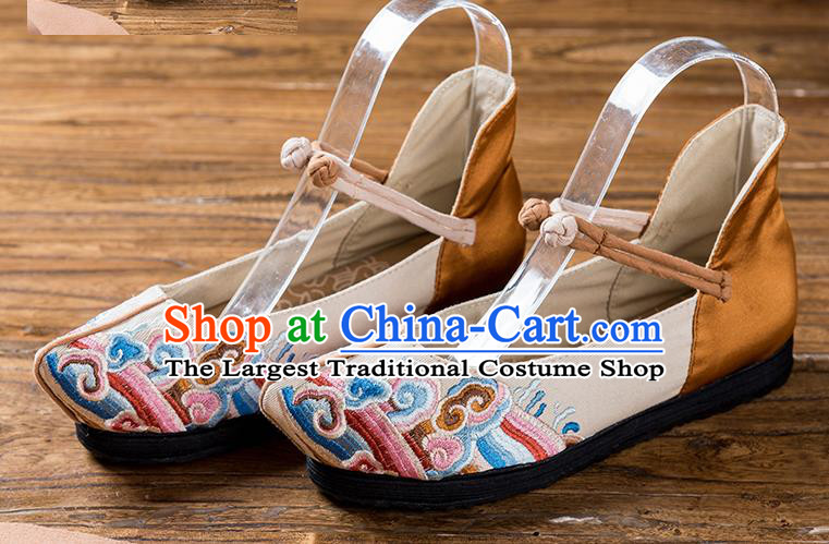China National Old Beijing Cloth Shoes Embroidered Beige Flax Shoes Handmade Woman Shoes Folk Dance Shoes
