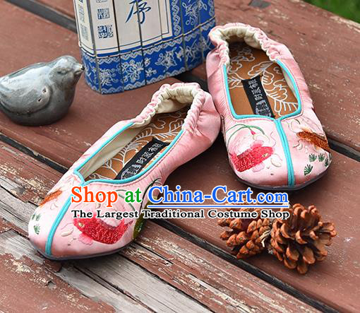 China National Folk Dance Shoes Embroidered Lotus Fish Shoes Handmade Satin Shoes Woman Pink Brocade Shoes
