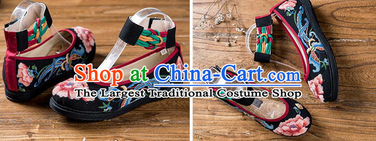 China Embroidered Peony Butterfly Shoes Handmade Woman Black Flax Shoes Folk Dance Shoes National Old Beijing Cloth Shoes