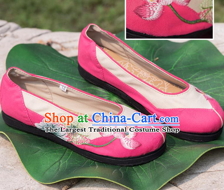 China Embroidered Lotus Shoes Handmade Pink Canvas Shoes Woman Folk Dance Shoes National Cloth Shoes