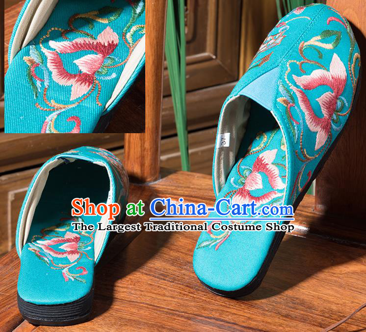 China National Blue Flax Sandals Embroidered Lotus Shoes Handmade Woman Cloth Shoes Folk Dance Shoes