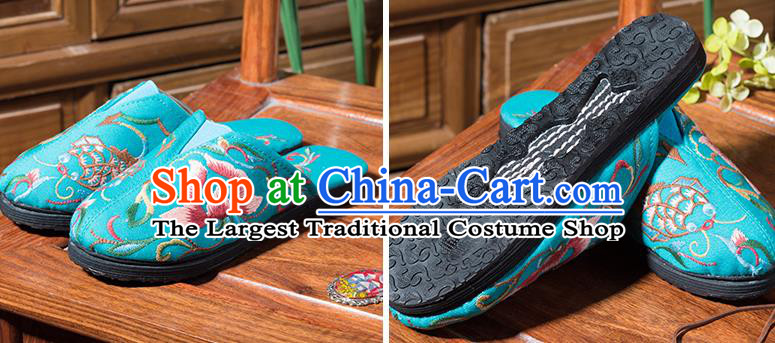 China National Blue Flax Sandals Embroidered Lotus Shoes Handmade Woman Cloth Shoes Folk Dance Shoes