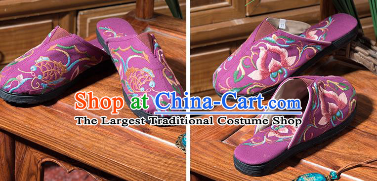 China Embroidered Lotus Shoes Handmade Woman Cloth Shoes Folk Dance Shoes National Purple Flax Sandals