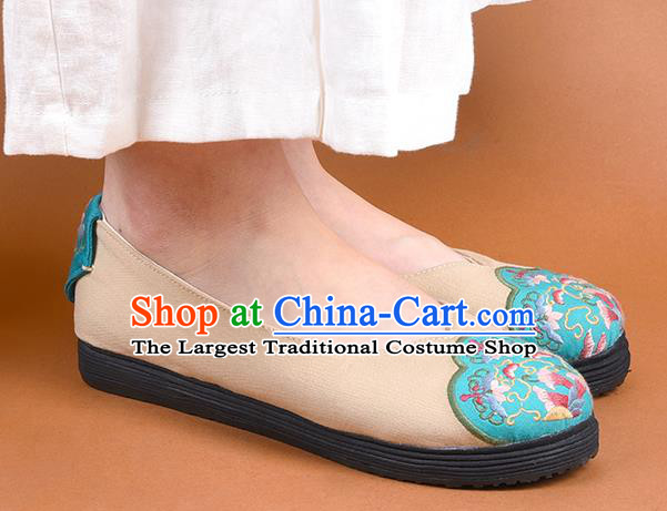 China Woman Beige Canvas Shoes National Folk Dance Shoes Embroidered Shoes Handmade Cloth Shoes